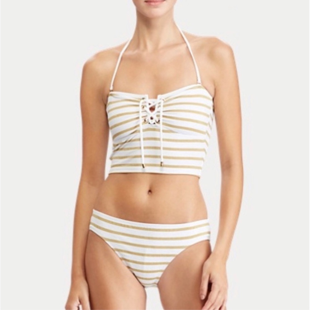 NWT Gold & white halter Bikini set outfit top bottom new size 6 tie
